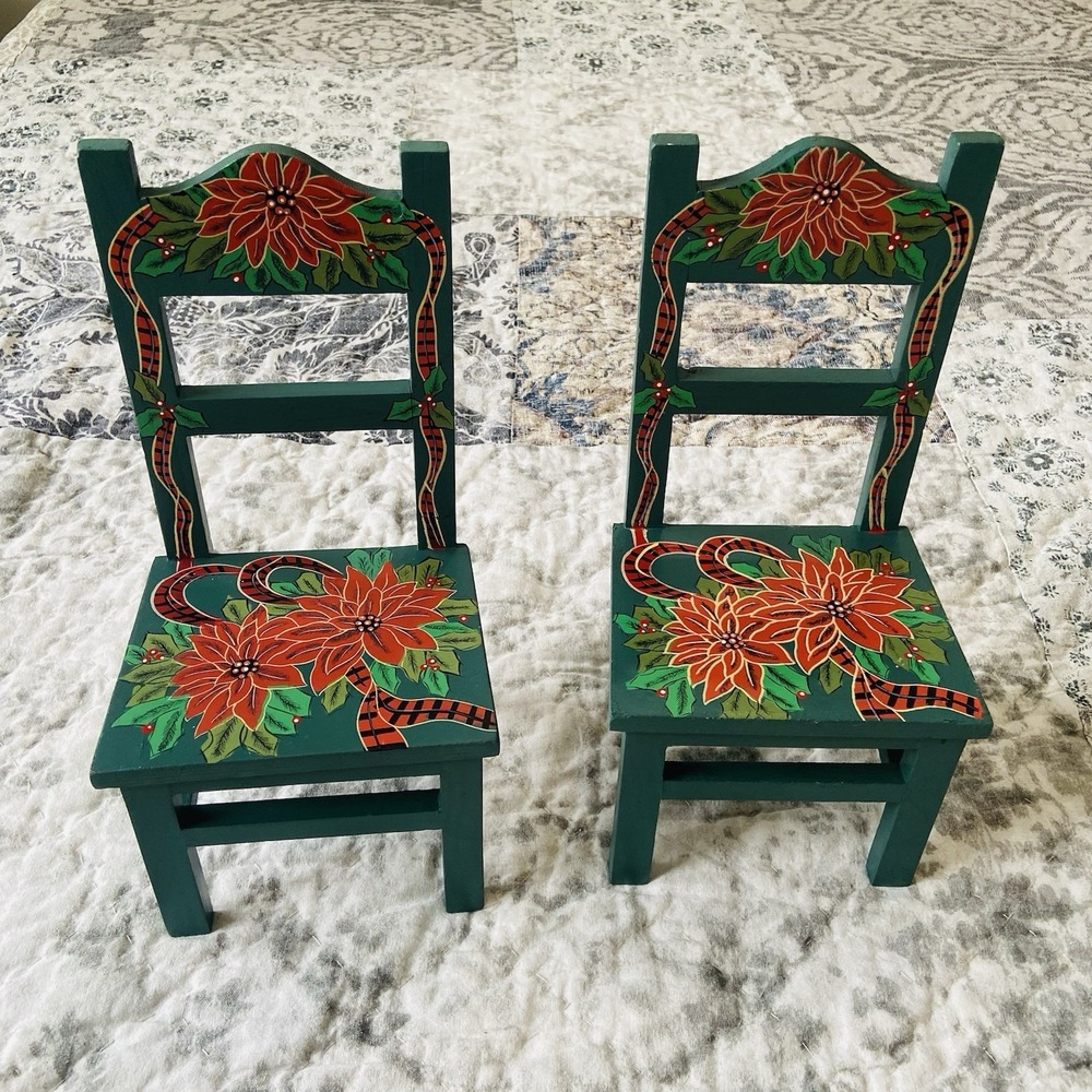 Dollhouse 18" Doll Chairs Christmas Poinsettia Wood Green Vintage 90's Painted